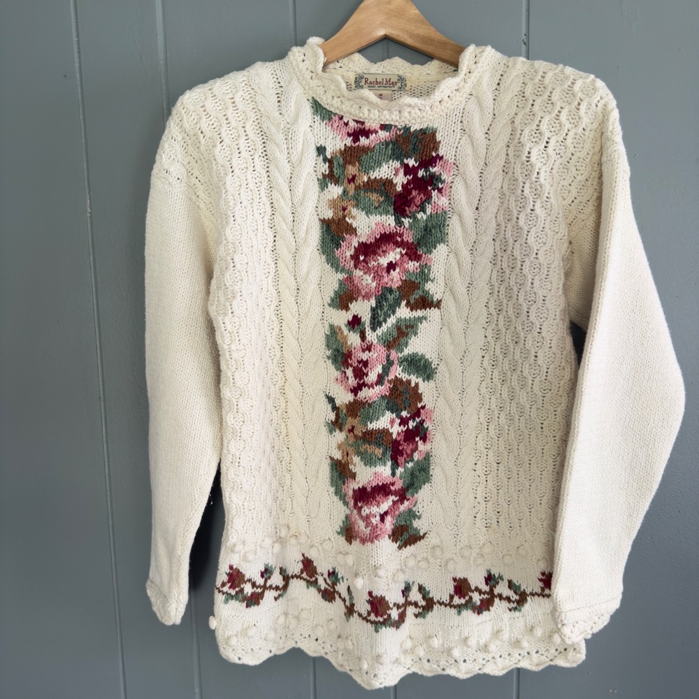 Vintage Rachel Max cream knit floral sweater‎ M bobble lace hem cottagecore